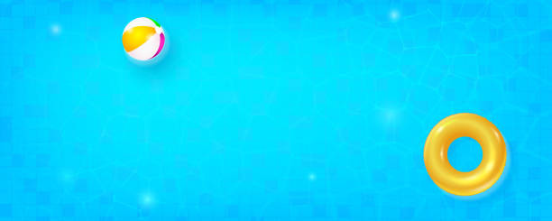 gelber ring schwimmend mit strandball im erfrischenden blauen pool. top-ansicht auf wellen und fluss von wellen. sommer-hintergrund. textur der wasseroberfläche. overheadansicht. vektorvorlage 3d-illustration - ball beach ball toy vector stock-grafiken, -clipart, -cartoons und -symbole