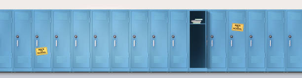 学校へようこそ組み合わせロックとハンドルを備えた青い食器棚の長い行。現実的な学校のロッカー、閉じられ、開いているドアが付いている金属キャビネットのセット。ベクトルテンプレ� - combination lock variation lock safe点のイラスト素材／クリップアート素材／マンガ素材／アイコン素材