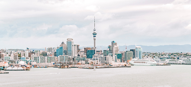 Skyline of the city of Auckland in New Zealand. Auckland is the biggest city on the north island of New Zealand.