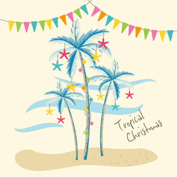 bildbanksillustrationer, clip art samt tecknat material och ikoner med vektor illustration av tropisk jul med palmer - japansk paradis ö