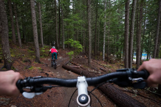 istock Riding down the lush forest trail on my mountain bike 1180555176