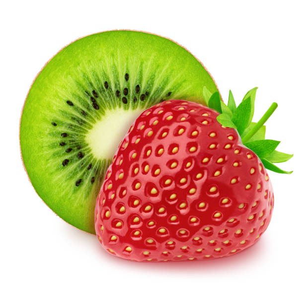 istock Composite image with halved kiwi and strawberry isolated on a white background. 1180559542