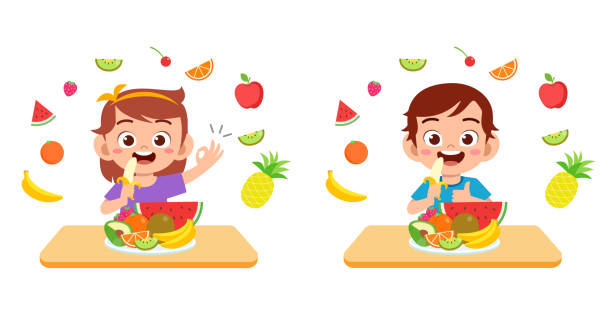 cute happy kids eat salad vegetable fruits cute happy kids eat salad vegetable fruits eating breakfast stock illustrations