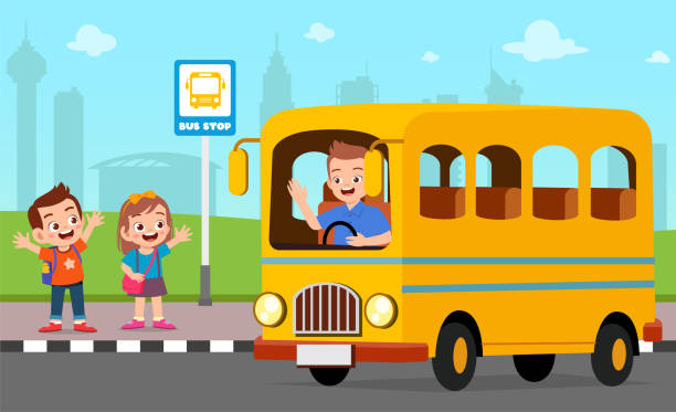 친구와 함께 학교 버스를 기다리는 행복한 귀여운 아이들 - bus child waiting education stock illustrations