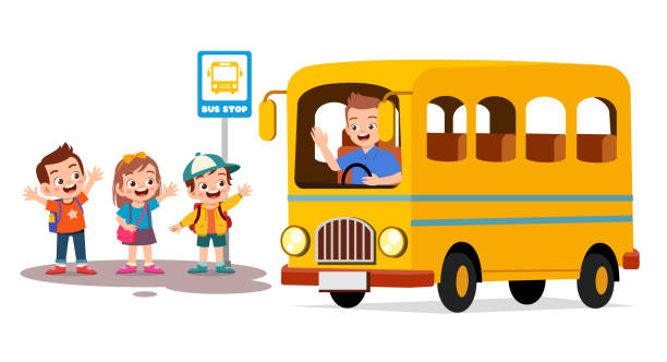 친구와 함께 학교 버스를 기다리는 행복한 귀여운 아이들 - bus child waiting education stock illustrations