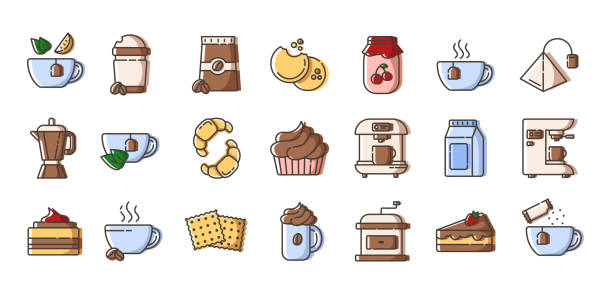 Tea Coffee Outline Color Icons Set of simple outline filled icons - coffee and tea, coffee brewing equipment, cup or mug with hot drinks and desserts for breakfast, isolated colorful vector symbols on white background for web, app cake jar stock illustrations