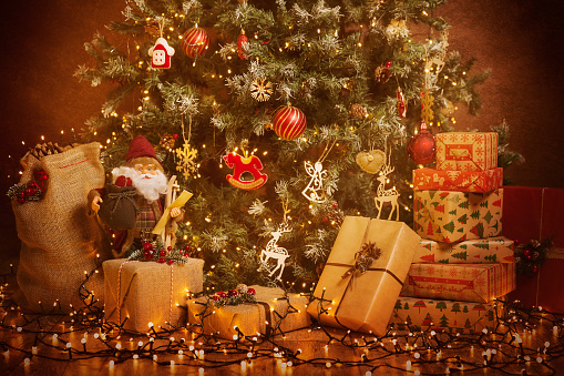 Christmas Tree and Present Gifts, Xmas Holiday Scene, Hanging Lighting Decorations and Toys