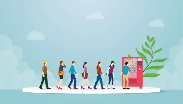 Vector illustration of vending machine queue with many people concept with modern flat style - vector