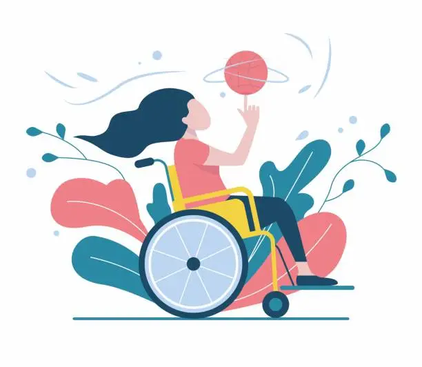 Vector illustration of Girl in a wheelchair plays ball