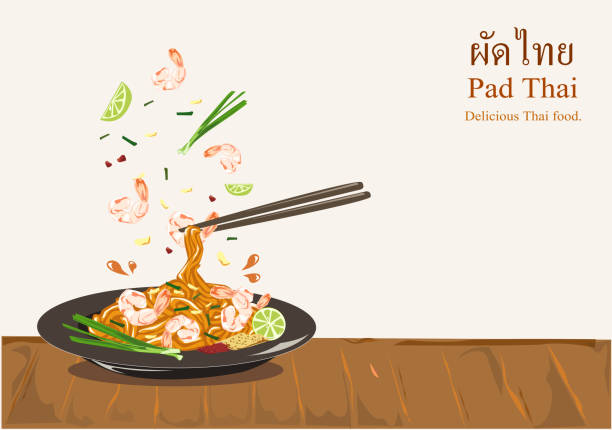 ilustrações de stock, clip art, desenhos animados e ícones de thai food (thai fried noodle with shrimps). - thailand thai culture thai cuisine pad thai