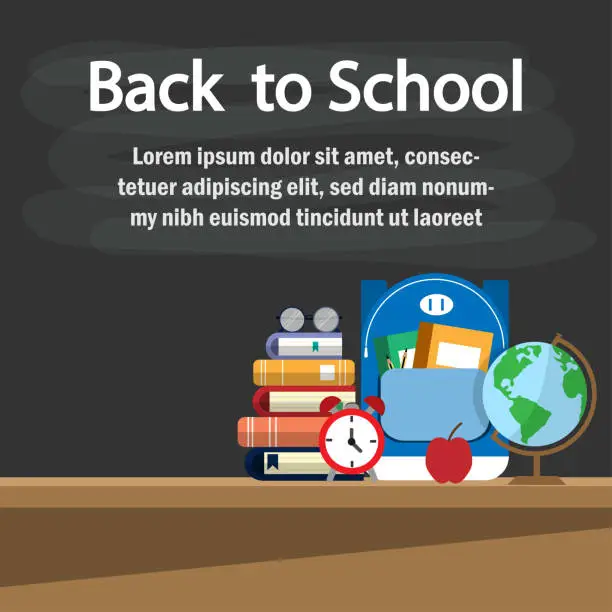 Vector illustration of Back to school concept.This have bag ,book,appel,pencil,clock and  globe  on the desk after blackboard.