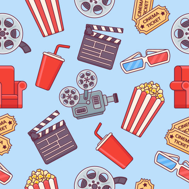 Seamless pattern with cinema elements on blue background Seamless pattern with cinema elements on blue background. Vector texture. seamless wallpaper video stock illustrations