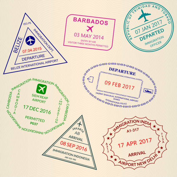набор штампов паспортов. виза в международный аэропорт и таможенные марки. векторная иллюстрация. - passport postage stamp india passport stamp stock illustrations