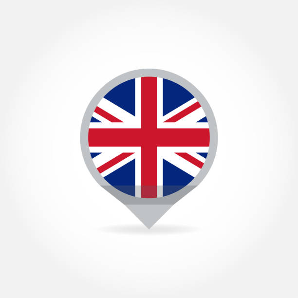 Flag of UK in shape of map pointer or marker. United Kingdom and Great Britain circle button. British national symbol icon. Vector illustration. Flag of UK in shape of map pointer or marker. United Kingdom and Great Britain circle button. British national symbol icon. Vector illustration. uk travel stock illustrations