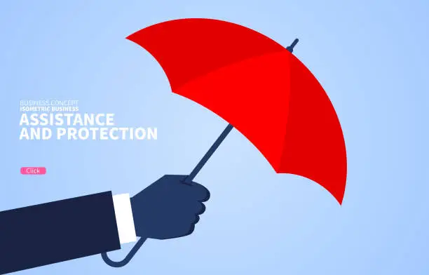 Vector illustration of Aid and protection, huge hand holding a red umbrella
