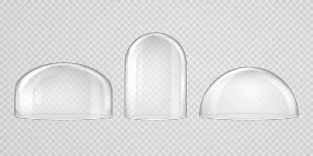 Vector illustration of Spherical glass domes on transparent background. Set of transparent forms for kitchen utensils, exhibitions and presentations, Christmas souvenirs.