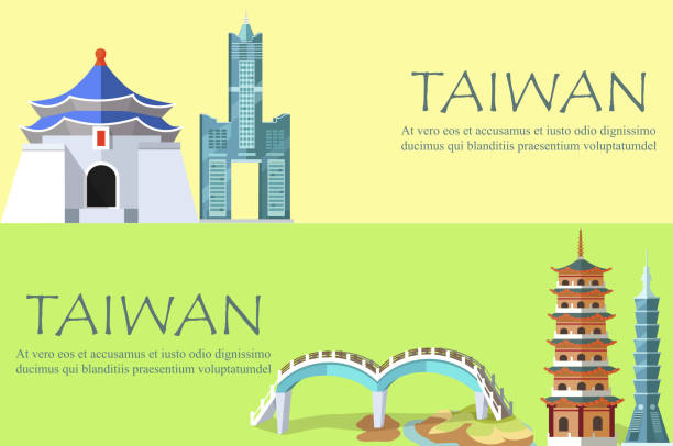 Taiwan Banner with Architectural Constructions Taiwan colorful banner with architectural constructions in oriental style. Vector poster in flat design of Skyscraper Taipei 101, Tuntex Sky Tower, special bridge and other landmarks for visiting taipei 101 tower stock illustrations