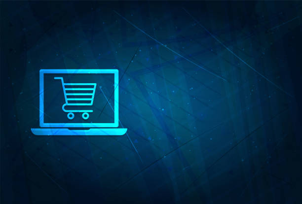 istock Online shopping cart laptop icon futuristic digital abstract blue background 1180568119