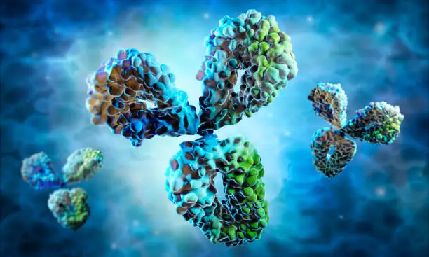 Medical 3D illustration of antibodies with a cell background