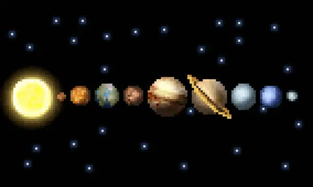 Vector illustration of Solar System 8 Bit Arcade Video Game Pixel Art