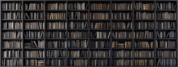 Bookshelves in the library with old books 3d render