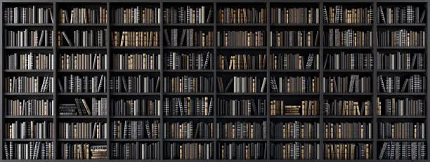 Bookshelves in the library with old books 3d render 3d illustration