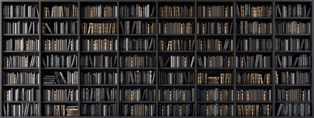 bookshelves in the library with old books 3d render - bookstore book store stack imagens e fotografias de stock