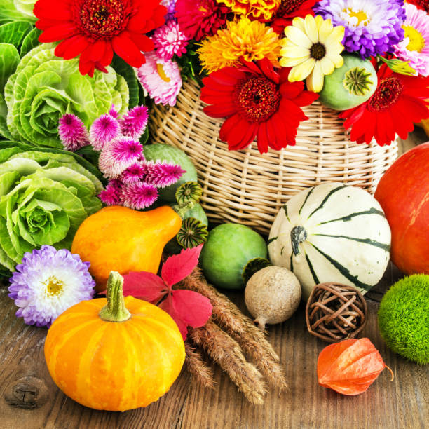 istock Autumn decoration with flowers and pumpkins 1180584165
