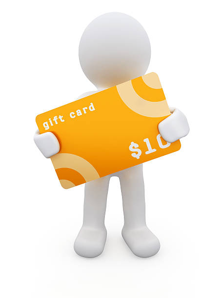 3D character with 10$ gift card. stock photo