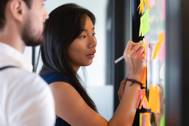 Focused asian businesswoman writing on sticky notes on glass Focused asian business woman mentor coach leader writing idea or task on post it sticky notes on glass wall, serious team people developing work plan in creative corporate office at stand up meeting scrum stock pictures, royalty-free photos & images