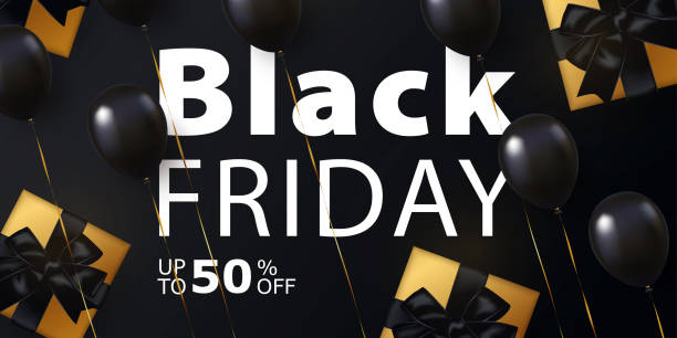istock Black Friday Sale banner, poster or flyer design with black balloons and gift gold boxes with black bows. Trendy modern design 1180592364