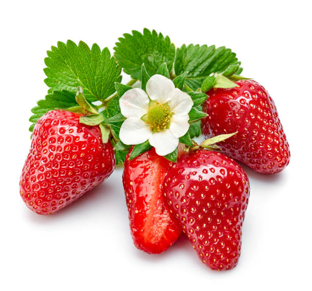 istock Strawberries with green leaf and flowers isolated 1180593883