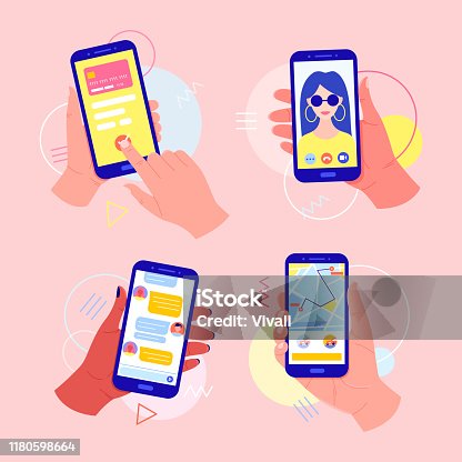 istock Hands holding a mobile phone with applications on the screen: online payment by card, video call, taxi call, chat in the messenger. 1180598664