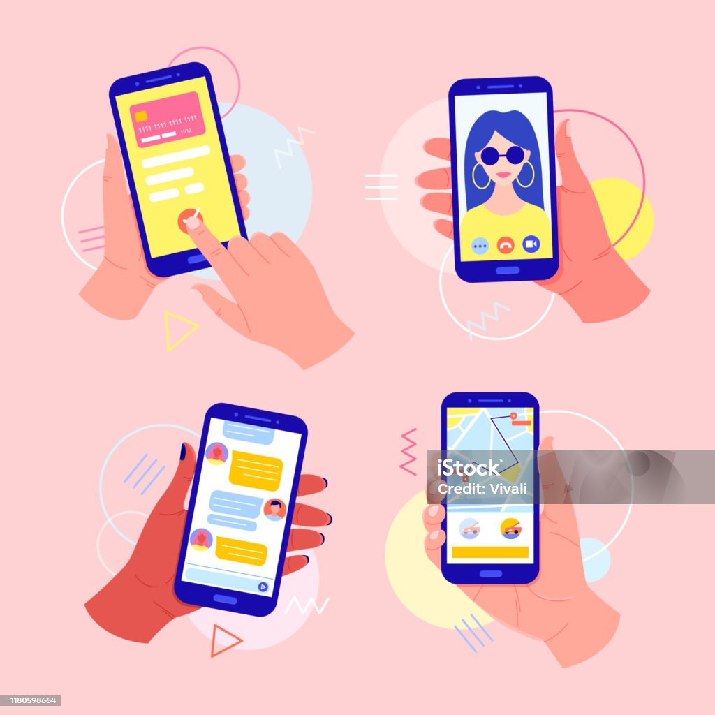 Hands holding a mobile phone with applications on the screen: online payment by card, video call, taxi call, chat in the messenger. Mobile payments. Video call concept. Finger touch the screen. Telephone stock vector