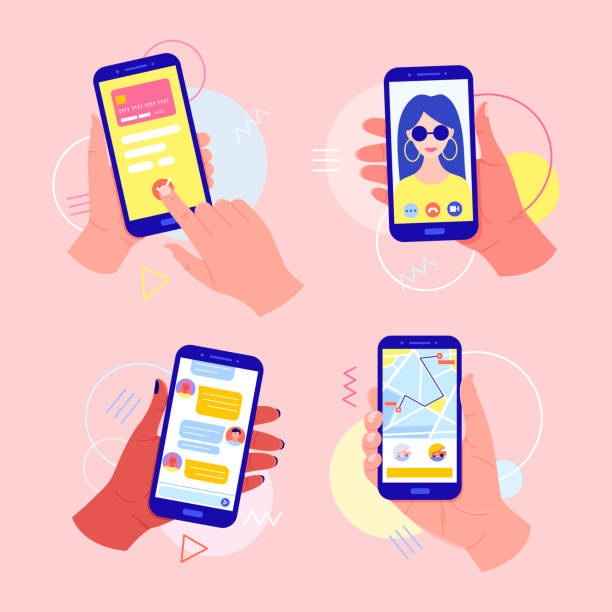 Hands holding a mobile phone with applications on the screen: online payment by card, video call, taxi call, chat in the messenger. Mobile payments. Video call concept. Finger touch the screen. paying illustrations stock illustrations