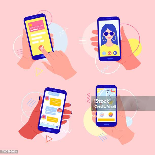 Hands Holding A Mobile Phone With Applications On The Screen Online Payment By Card Video Call Taxi Call Chat In The Messenger Stock Illustration - Download Image Now