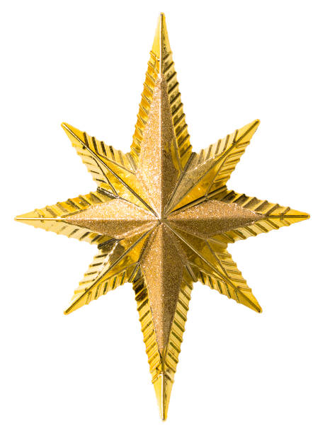 kerst gouden ster decoratie geïsoleerd over witte achtergrond, vakantie speelgoed decor - piek kerstversiering stockfoto's en -beelden