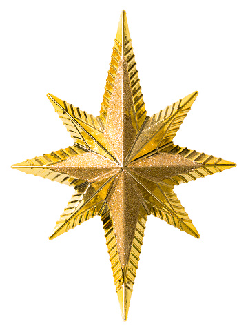 Christmas Golden Star Decoration Isolated over White Background, Holiday Golden Toy Decor