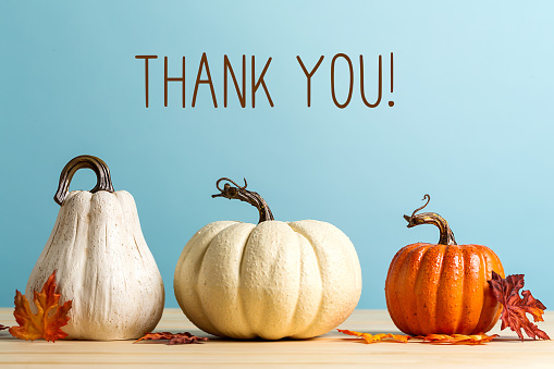 Thank you message with pumpkins on a blue background