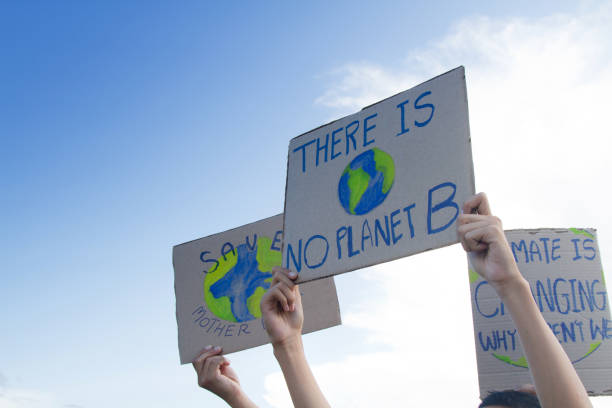 Global warming and climate change concept. Group people of demonstration making protest about climate change, plastic pollution and forest fire for environmental problem strike protest action photos stock pictures, royalty-free photos & images