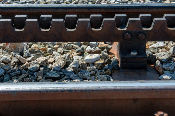 close-up of a railroad track with a rack. - rack railway imagens e fotografias de stock