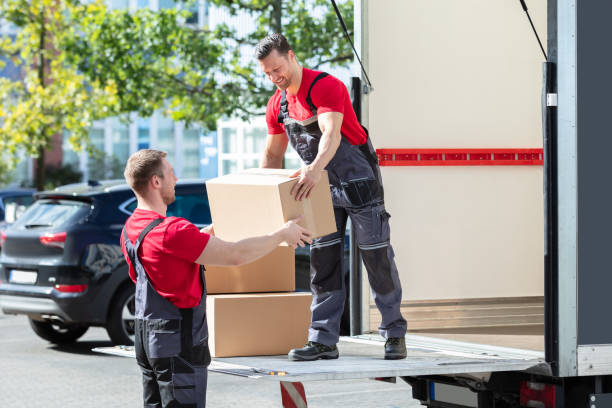 istock Two Young Male Movers Carrying Cardboard Boxes From Truck 1180605423