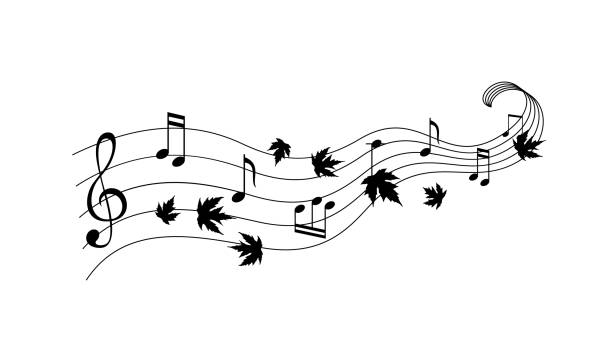 musiknoten mit fliegenden ahornblättern. vektordekoration aus verstreuten elementen. monochrome isolierte silhouette. konzeptuelle illustration. - foliate pattern audio stock-grafiken, -clipart, -cartoons und -symbole