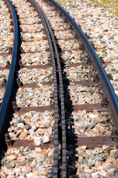 close-up of a railroad track with a rack. - rack railway imagens e fotografias de stock