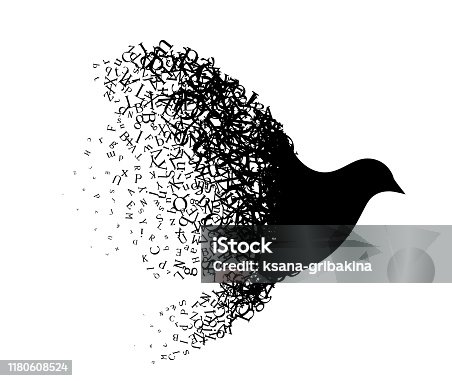 istock Flying bird with wings from letters. Vector decoration from scattered elements. Monochrome isolated silhouette. Conceptual illustration. 1180608524