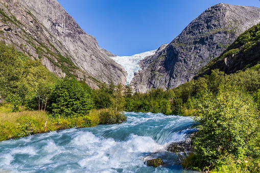 Briksdal glacier in Norway wel known arm of the large Jostedalsbreen glacier in Oldedalen valley in Norway, Scandinavia.