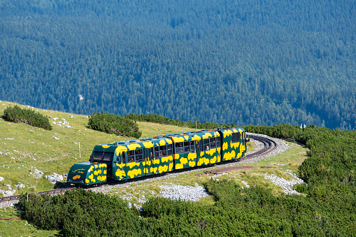 Gmunden, Austria, - august 9, 2018: .Rack railway named Salamander on way to Schneeberg mountain, preferred tourist attraction in Lower Austria.