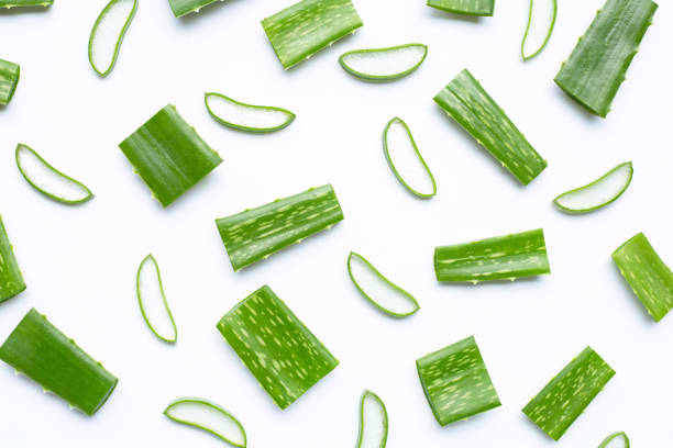 istock Aloe Vera cut pieces with slices on white background. 1180611743