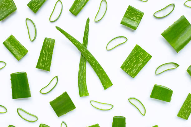 istock Aloe Vera cut pieces with slices on white background. 1180611750