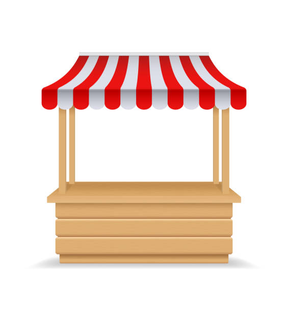 Wooden market stall, fair booth. 3d empty kiosk with striped awning, roof. Isolated market booth mockup for food. Wooden counter with sunshade for street trading, outdoor retail. vendor stall. Wooden market stall, fair booth. 3d empty kiosk with striped awning, roof. Isolated market booth mockup for food. Wooden counter with sunshade for street trading, outdoor retail. vendor stall. vector market stall stock illustrations